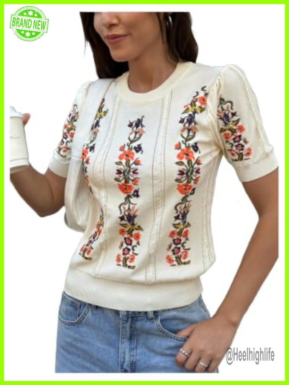Lightweight Floral Embroidered Cable Knit Short Sleeve Sweater Pullover